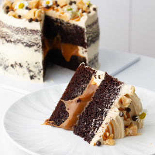 slice of chocolate caramel classic cake