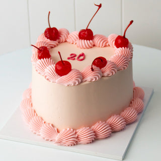 clara design, simple vintage birthday cake, 6" size in pink and white, with cherries on top